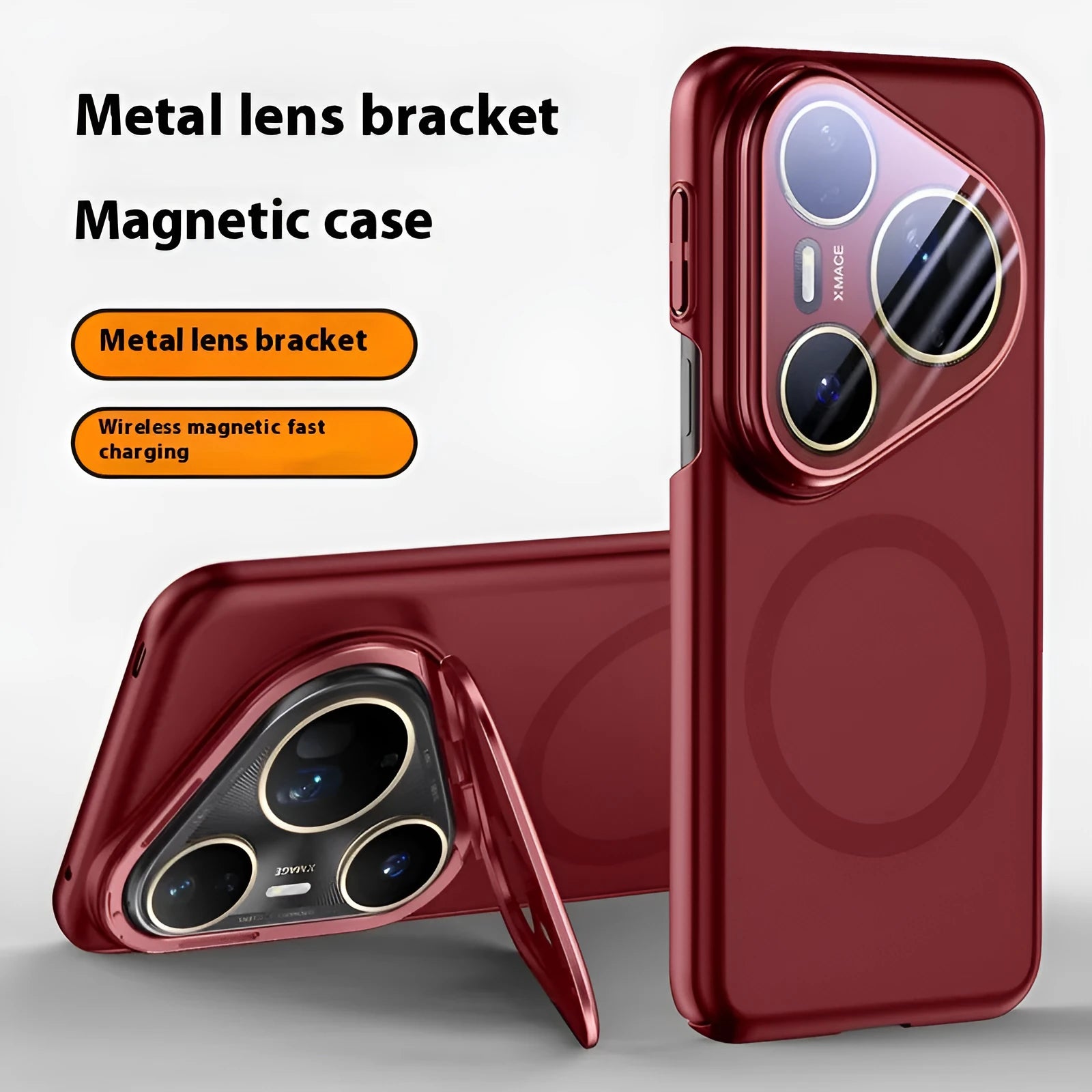 Huawei P80 series magnetic lens bracket phone case with frosted PC back shell in black, silver, bright red colours
