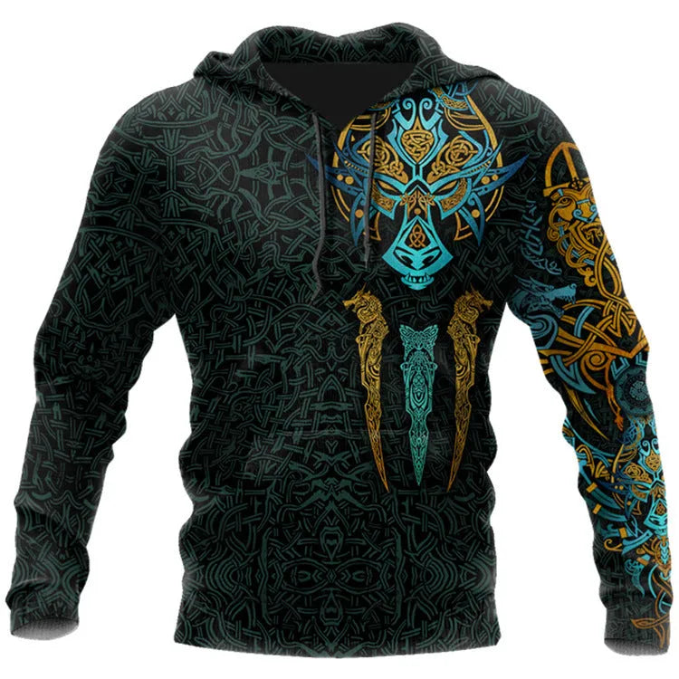 Men's animal print long sleeve pullover hoodie in polyester, round neck, street style, size S-4XL