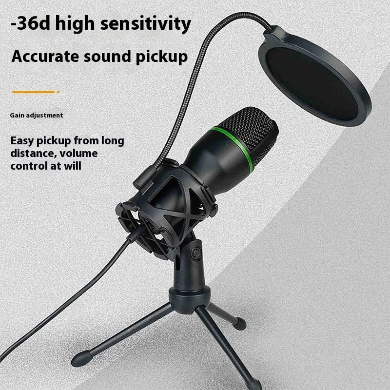 Black USB condenser microphone on tripod stand with anti-spray net for home computer writing