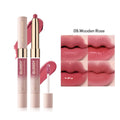 Double-headed lipstick showing matte lipstick on one end and lip gloss on the other in silver casing