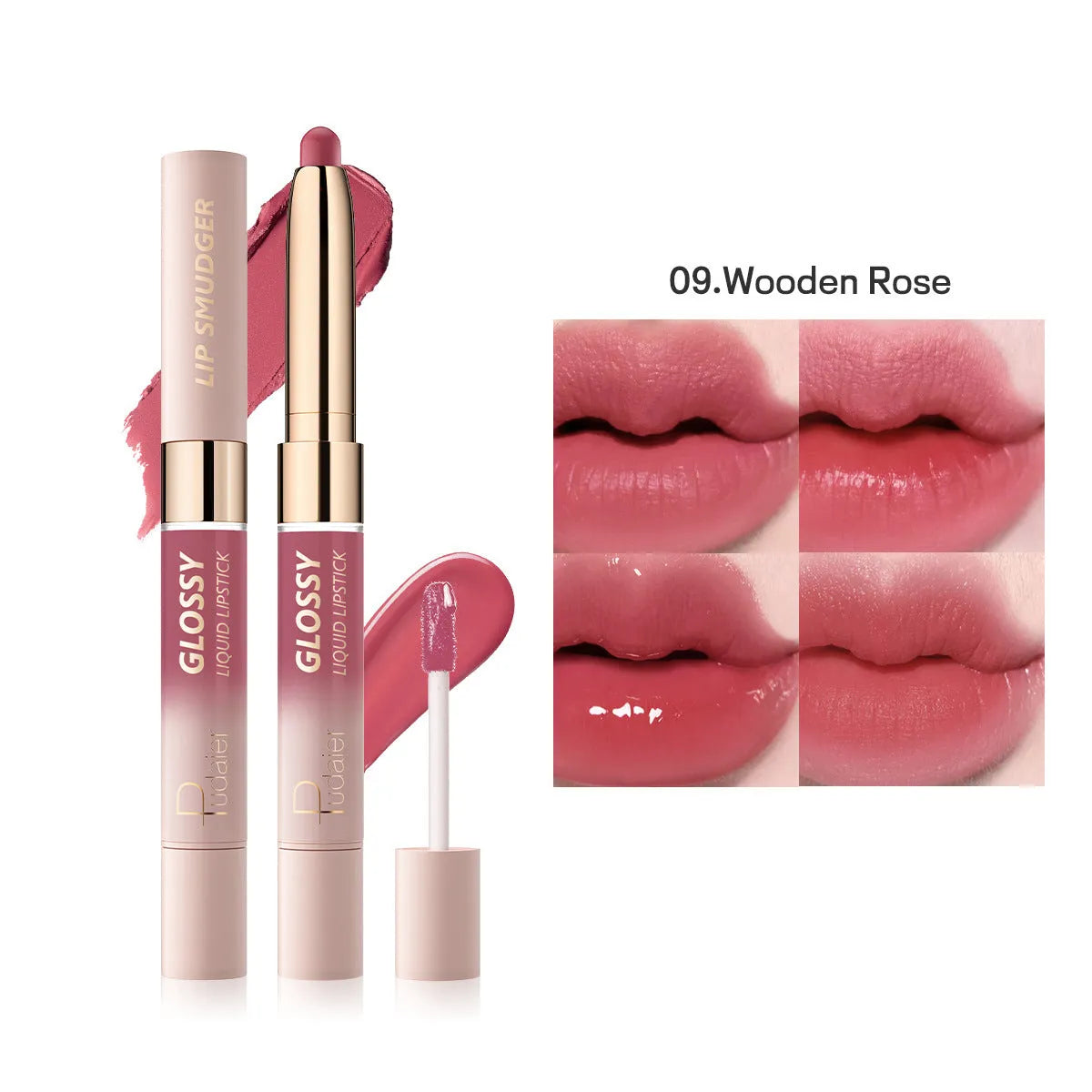 Double-headed lipstick showing matte lipstick on one end and lip gloss on the other in silver casing