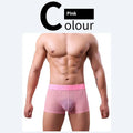Men's solid colour thin polyester boxer shorts in sapphire blue, laid flat.