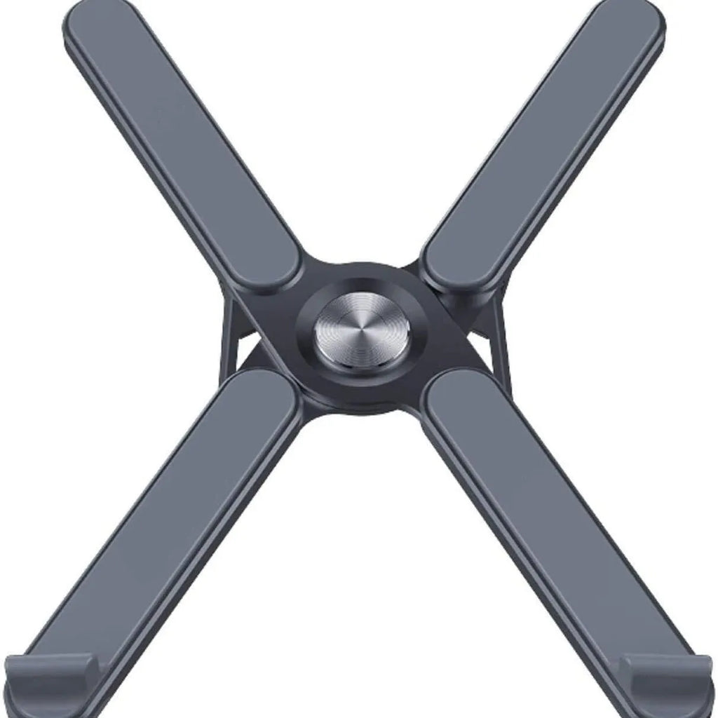 Foldable aluminium alloy laptop bracket in silver on a desk with notebook computer