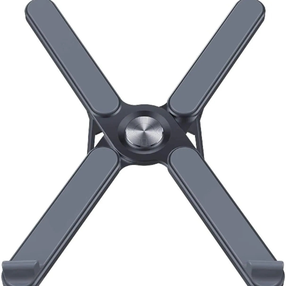 Foldable aluminium alloy laptop bracket in silver on a desk with notebook computer