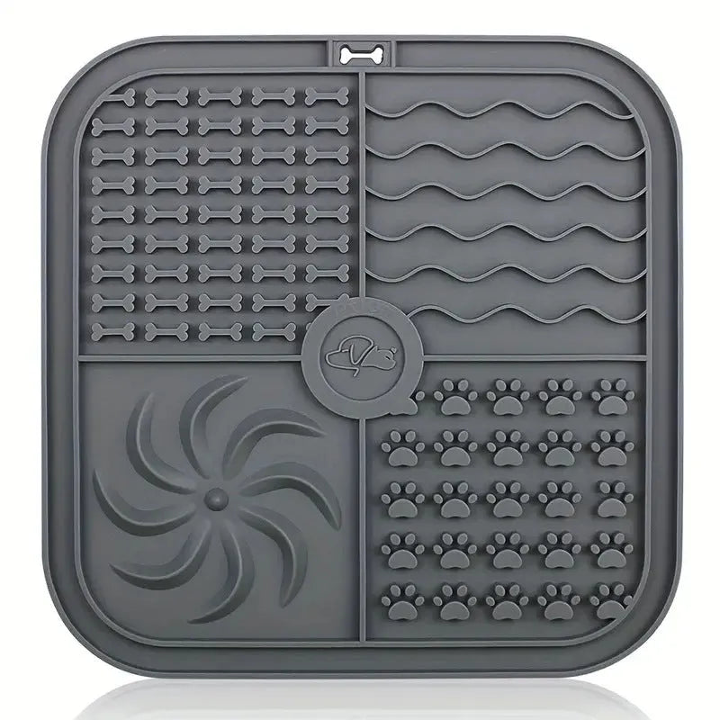 Bottom suction cup non-slip silicone pet slow food mat in gray, shown with a pet bowl on a tiled floor
