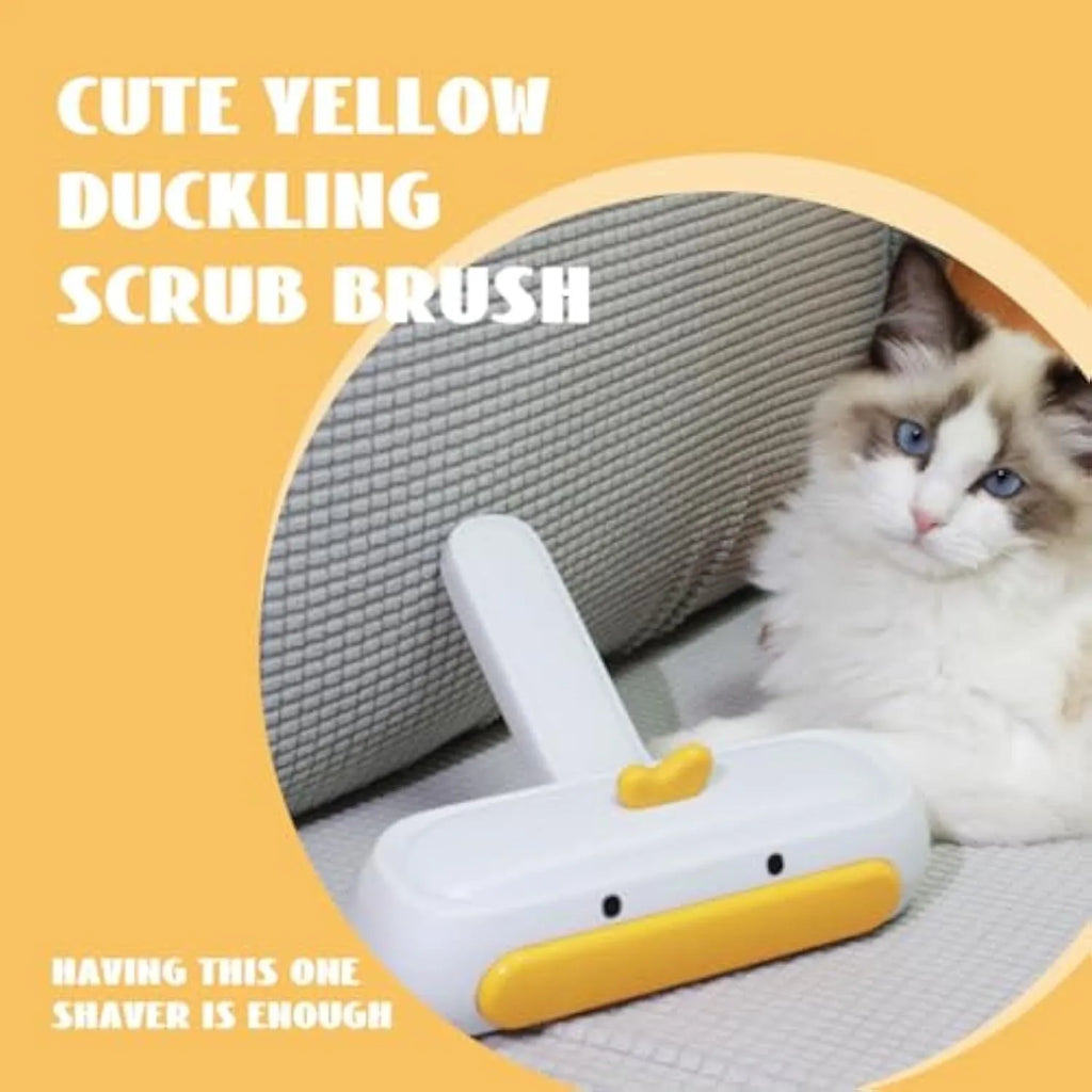 Portable yellow duck design pet hair remover tool with bristles for furniture and car seats.