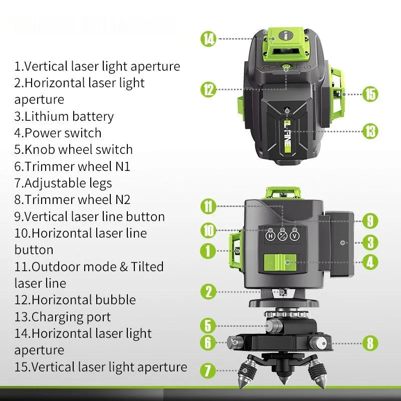 Green laser level projecting 16-line 3D cross pattern on walls and ceiling