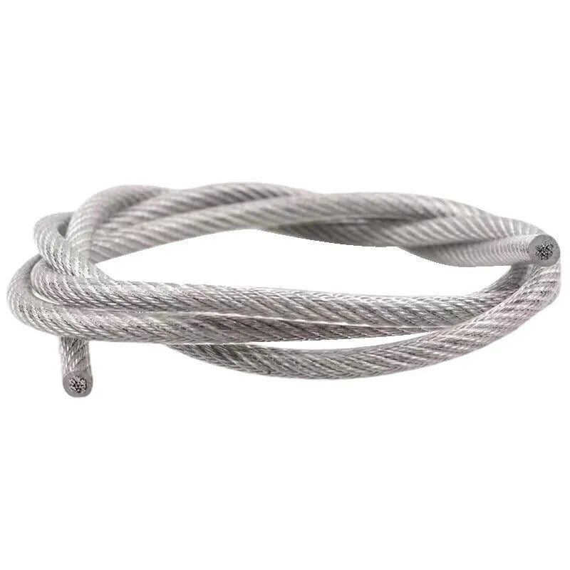Coiled 304 stainless steel security wire rope with a coated finish on a white background.