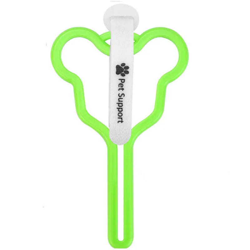 A hands-free dog poop bag holder with a clip and adjustable Velcro strap, shown in a random colour.