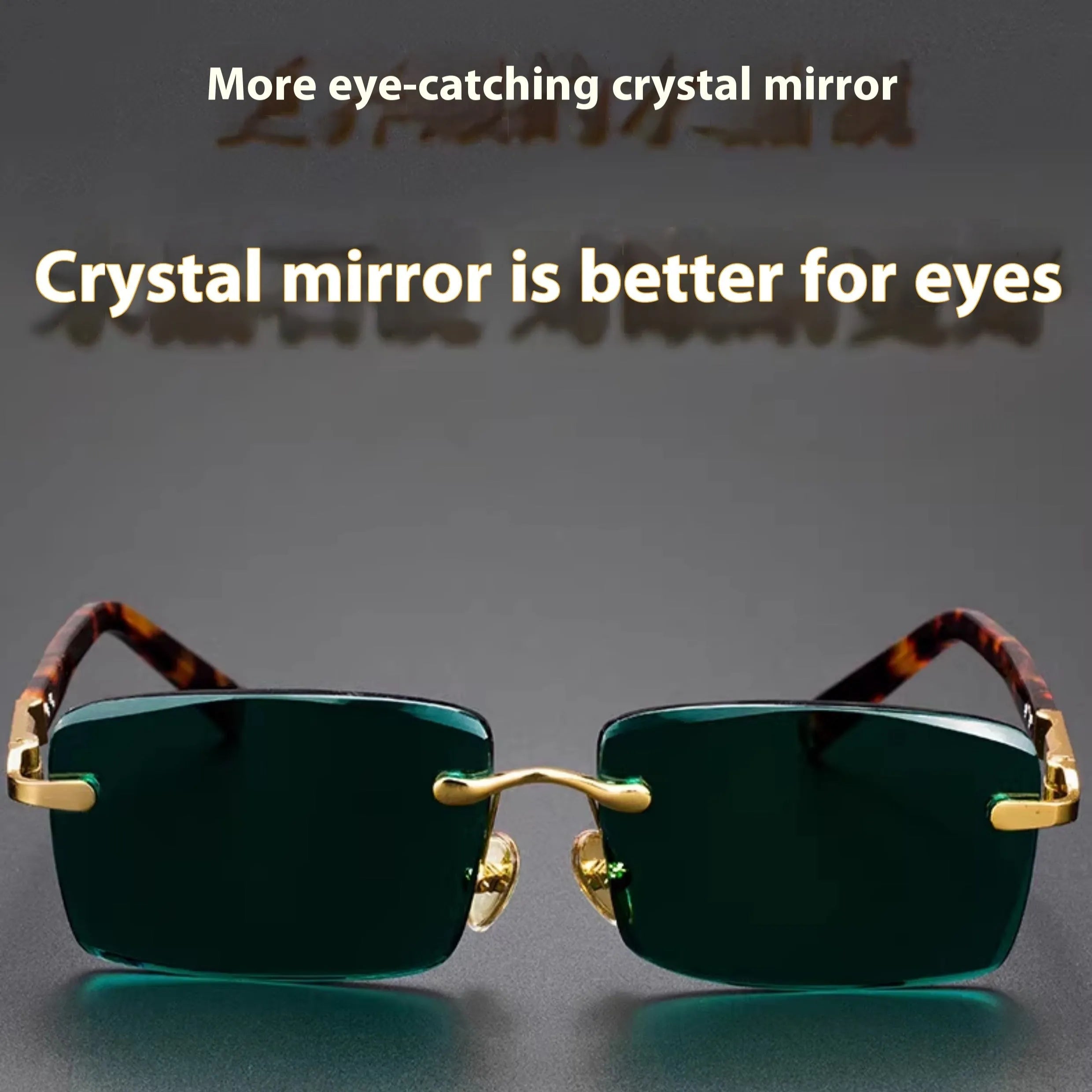 Dark green tinted frameless sunglasses with crystal lenses, shown with a hard protective case and cleaning cloth.