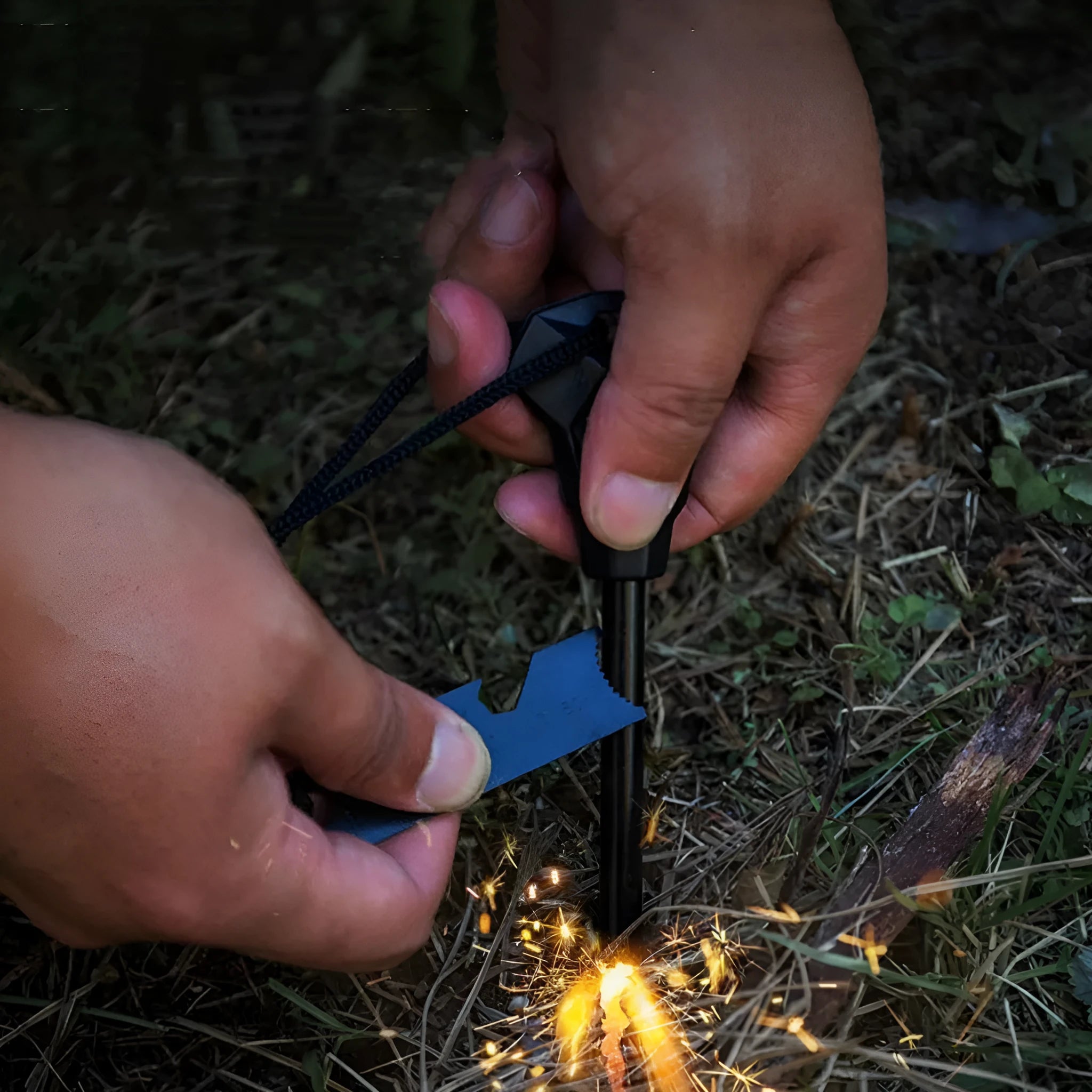 Black outdoor survival multi-tool showing magnesium rod flint and stainless steel scraper with multiple functions.