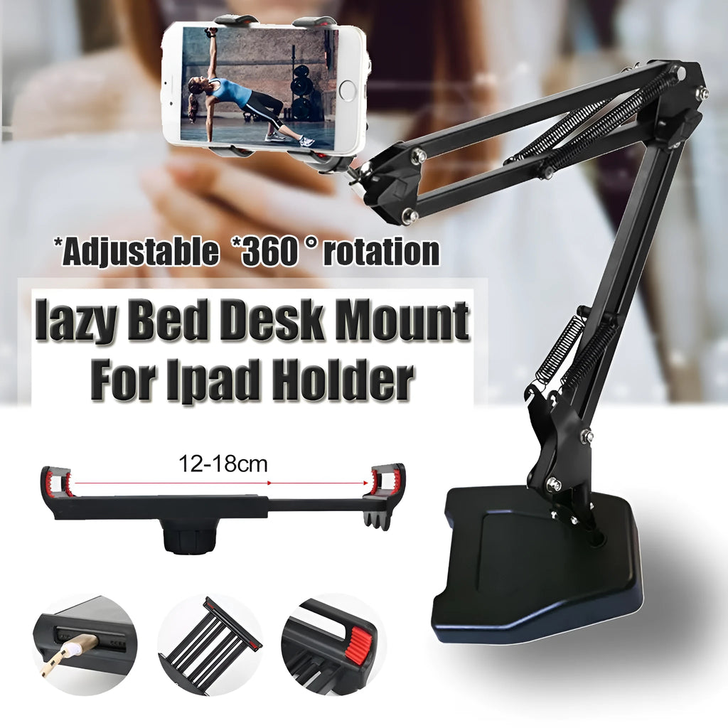 Black universal phone stand with long rotating metal arm and heavy circular base on a wooden desk.