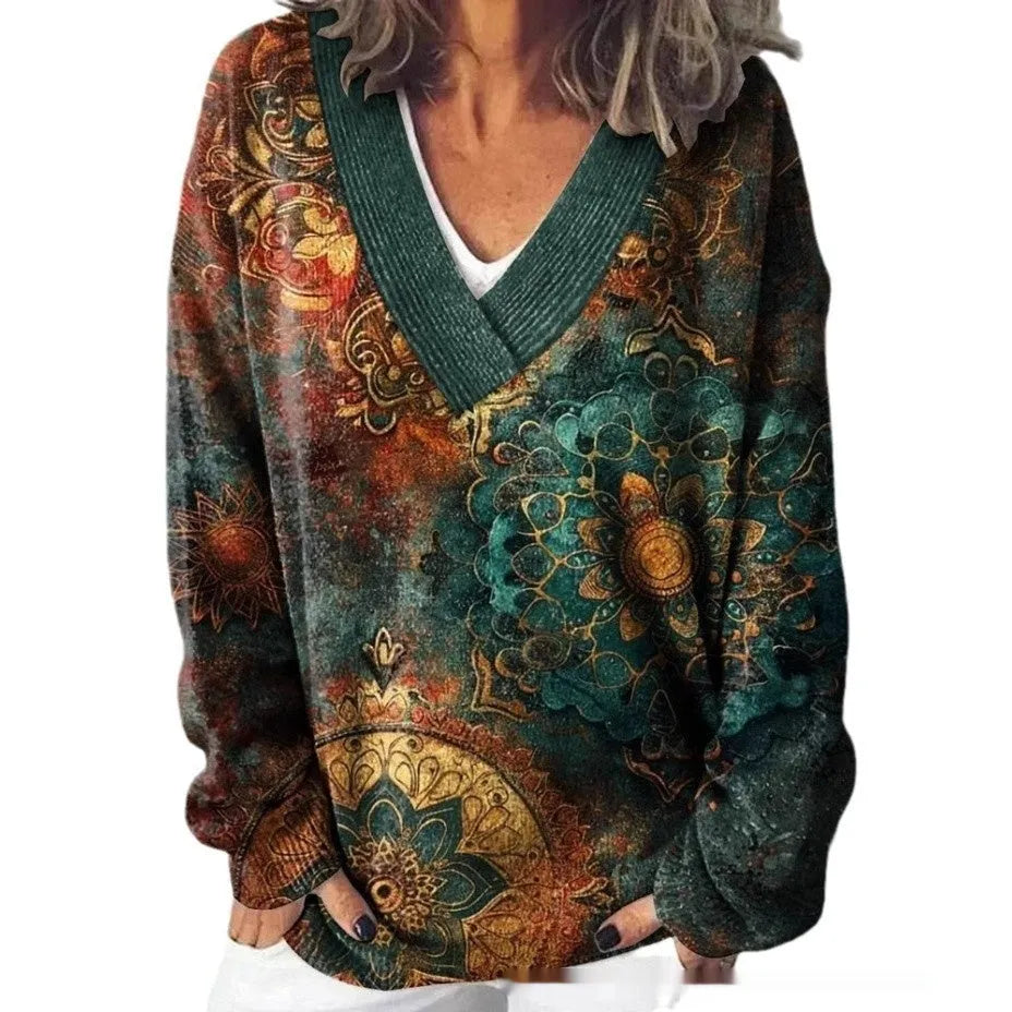 Women's V-neck floral print sweatshirt with 3D effect and long sleeves in an art retro style.
