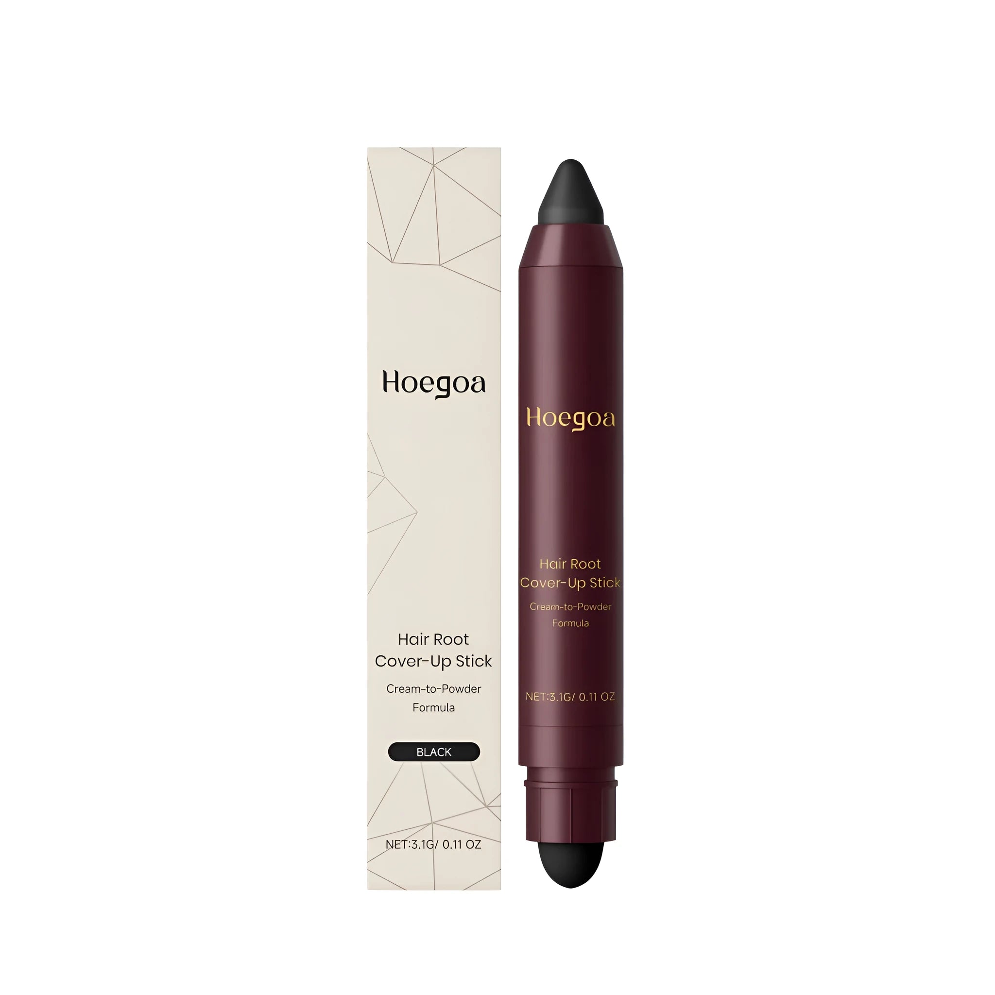 Hair root cover-up cosmetic stick in Black and Dark Brown shades for temporary grey coverage