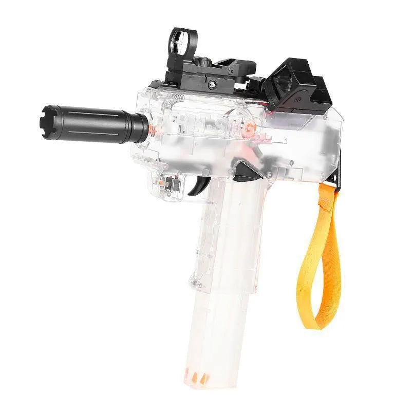 Uzi style electric water gun toy with transparent blue plastic body and attached holographic sight