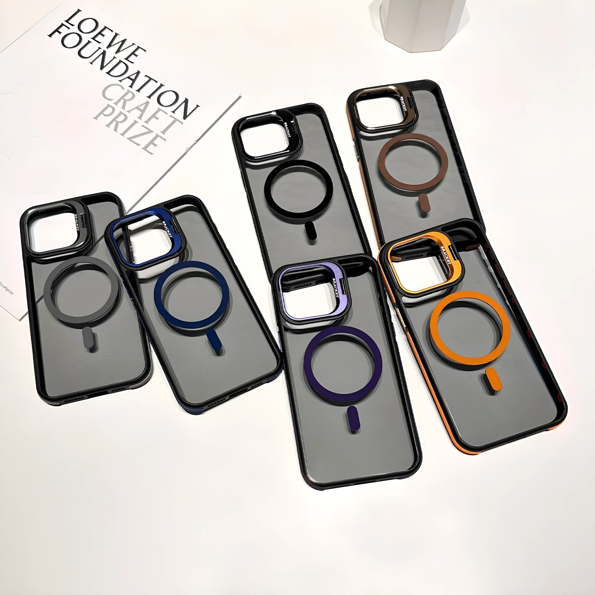Invisible lens bracket magnetic phone case for iPhone in RW Black colour, showing TPU PC two-in-one design with integrated bracket