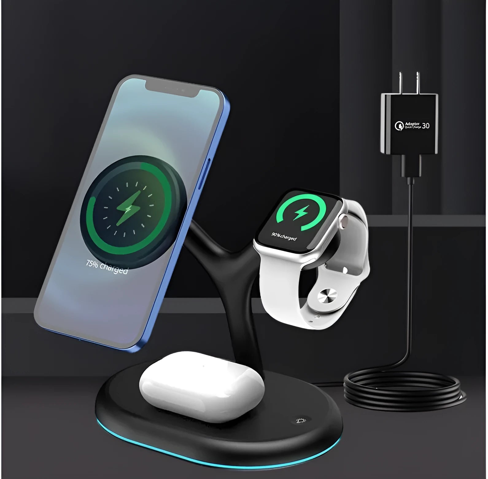 Black vertical magnetic three-in-one wireless charging stand with phone attached and watch charger folded out.
