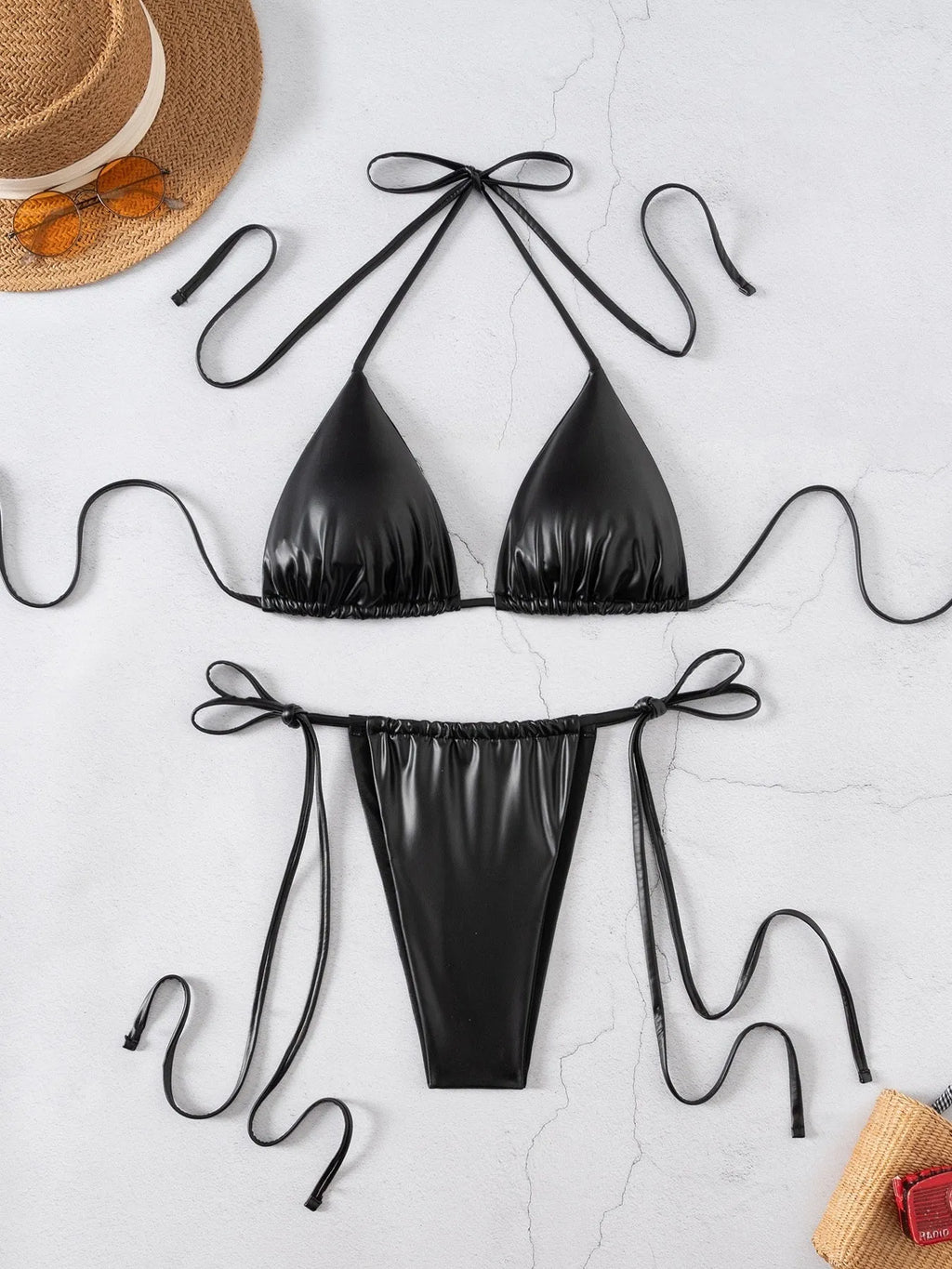 Black solid colour split bikini set for women with polyester-spandex fabric, brief style bottom, sleeveless top, sizes S M L