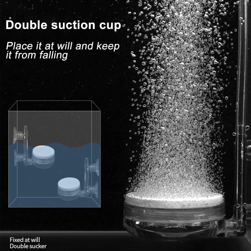 White transparent PC aquarium air refiner with nano bubbles and suction cups, shown on glass tank