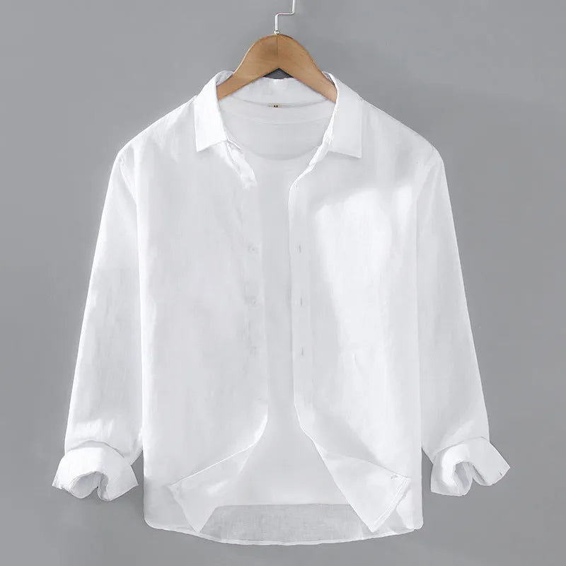 Men's pure linen cardigan-style button-up shirt in solid colour with long sleeves