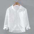 Men's pure linen cardigan-style button-up shirt in solid colour with long sleeves