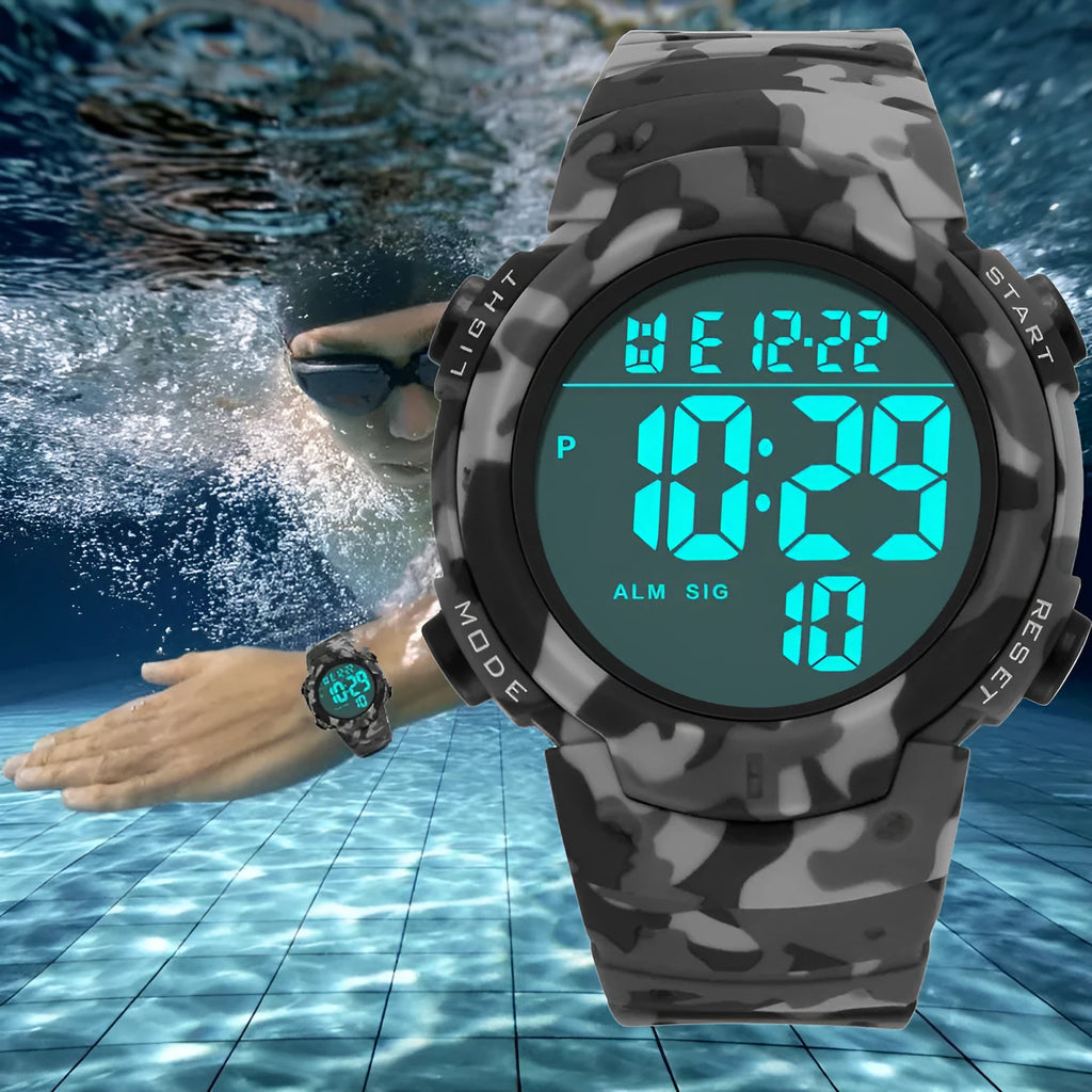 Multi functional waterproof male student sports electronic watch with black plastic band and round digital dial