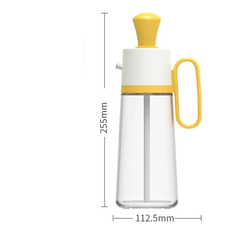 2 in 1 oil dispenser with silicone brush on wooden table against dark background