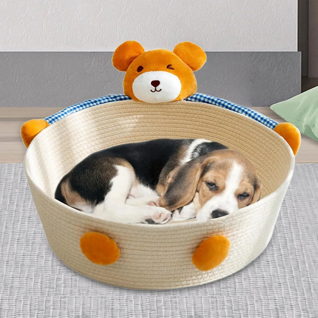 Woven cotton rope cat bed basket with scratching pad in Bear or Rabbit design