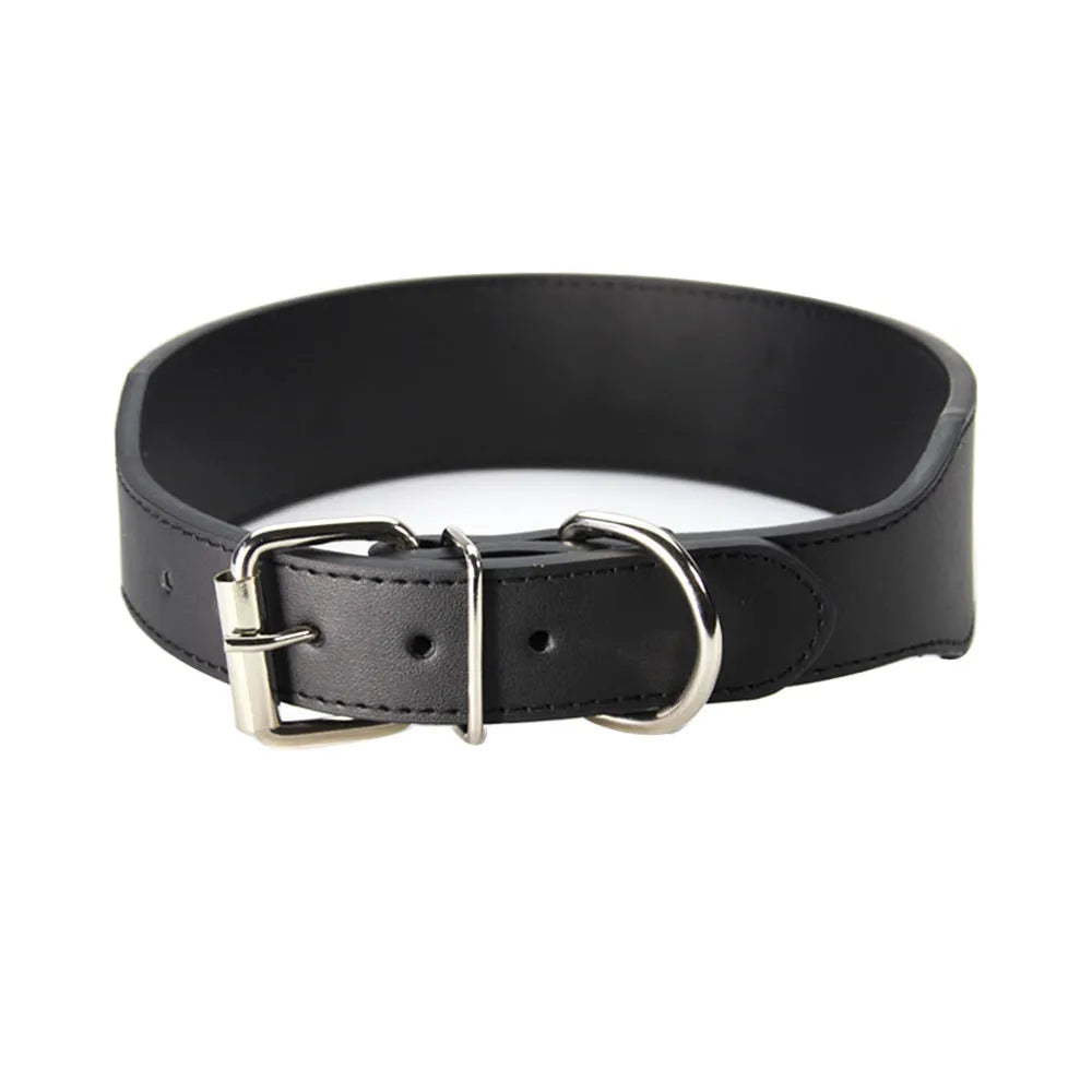 Fish-shaped red leather dog collar for large dogs on a size chart.