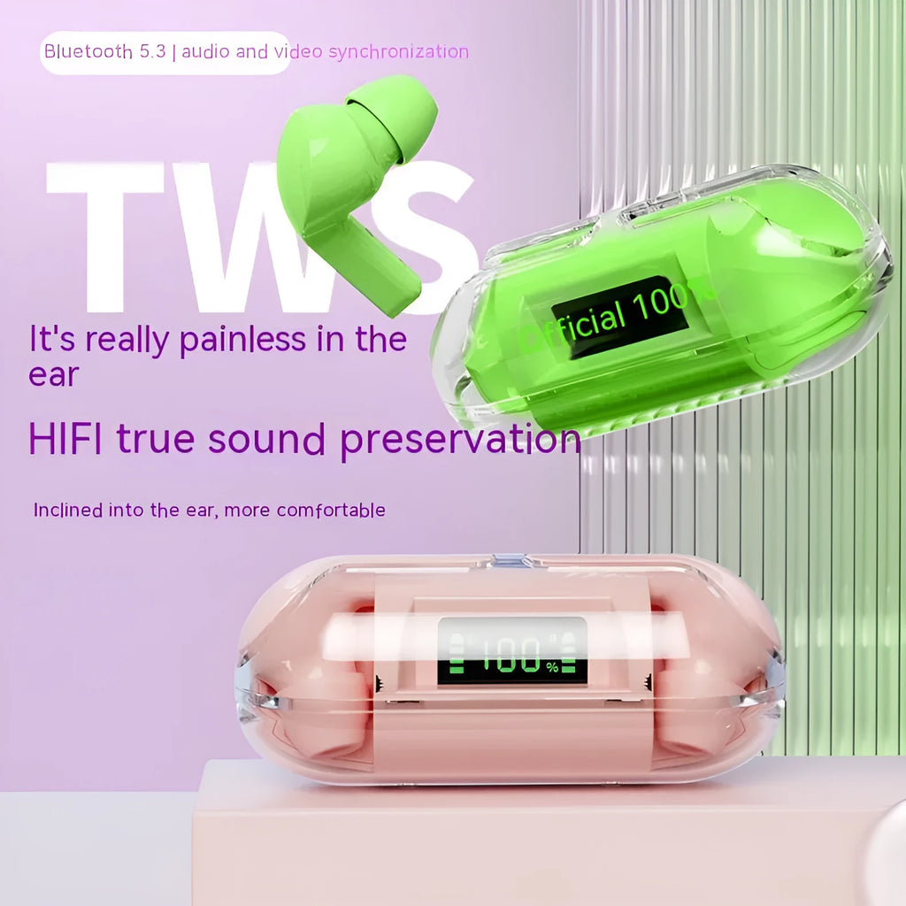 Transparent digital display case for a wireless Bluetooth headset with colour options of pink, black, green, and white.