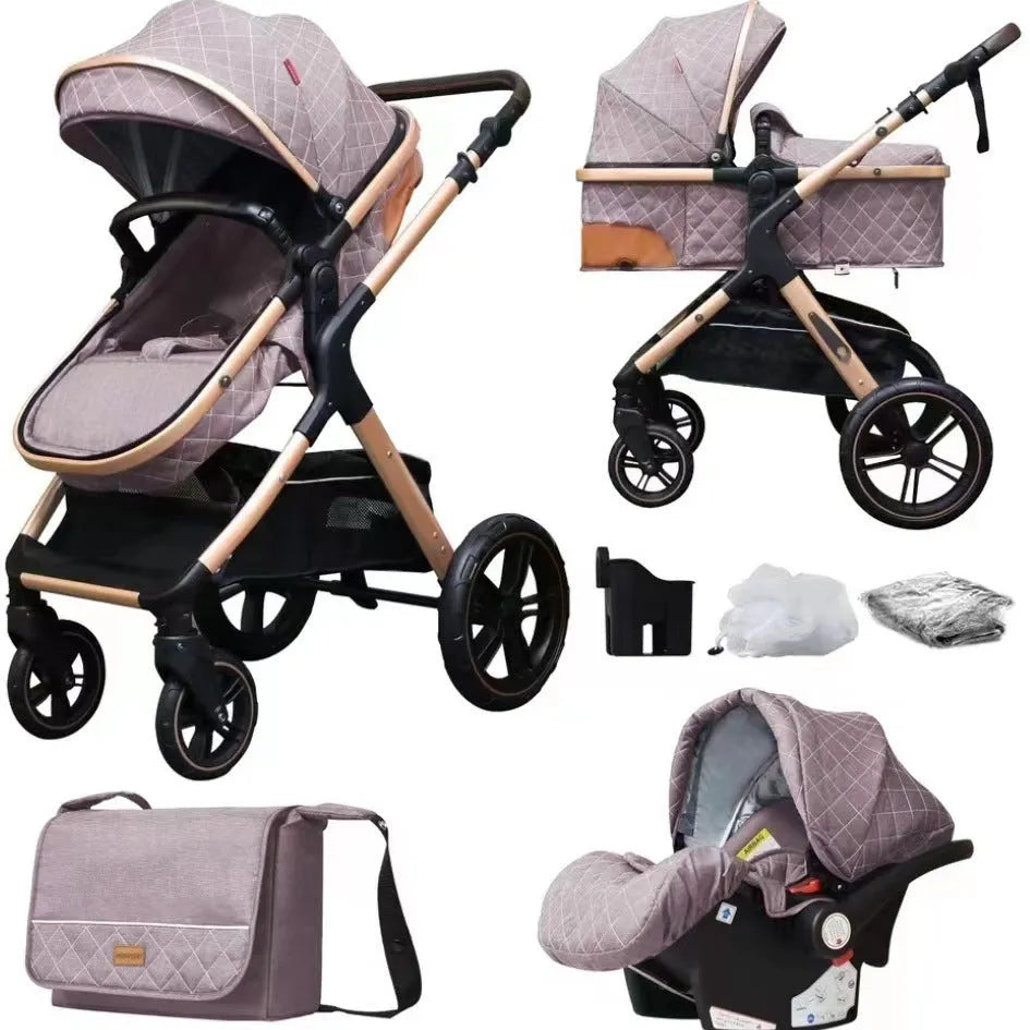 Lightweight folding baby cart with iron pipe frame, sit and lie positions, 15kg capacity, in khaki colour