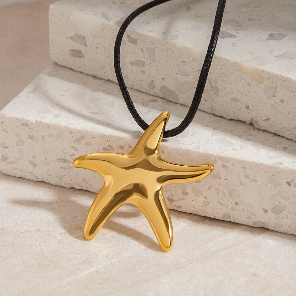 Women's titanium steel starfish pendant necklace on regular stainless steel chain, adjustable 41 to 50cm