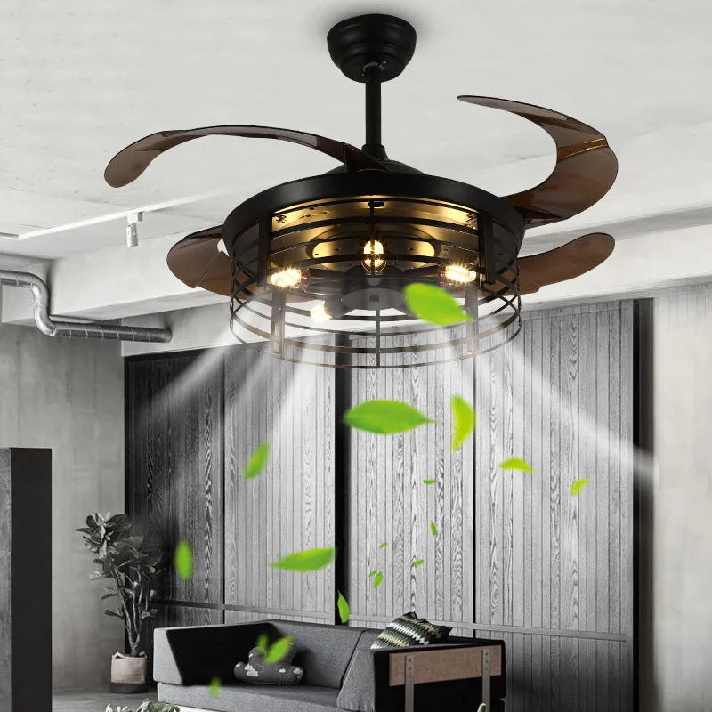 American retro styled ceiling fan lamp with integrated light and acrylic blades, shown with remote control.