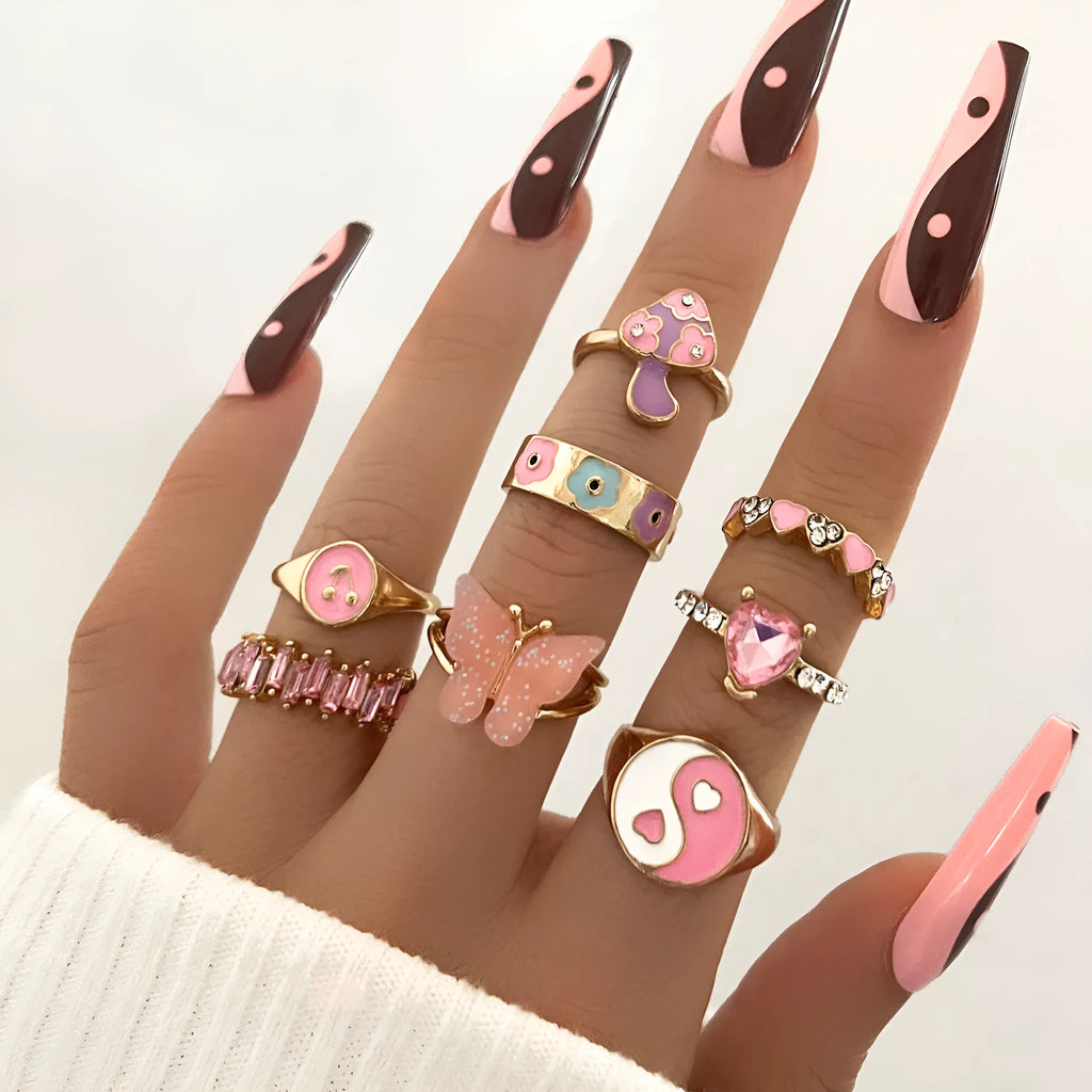European American style colour dripping ring set 8 pieces zinc alloy with plant flower design