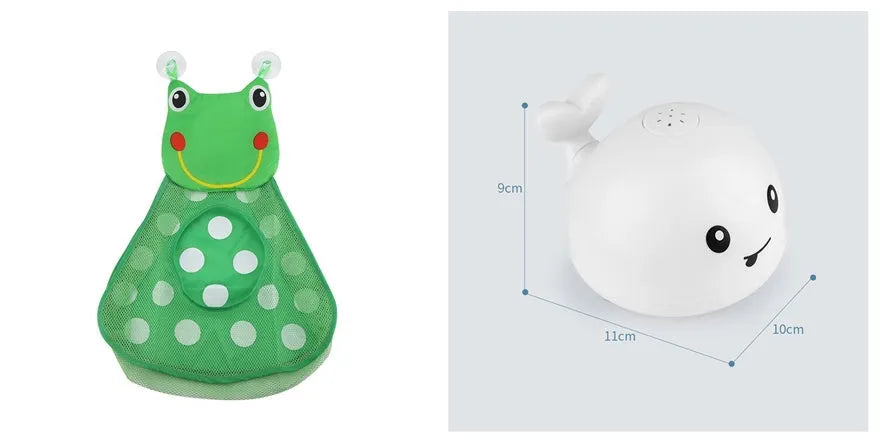 Electric whale-shaped bath spray toy with water-activated automatic spray, LED lights, and floating capability