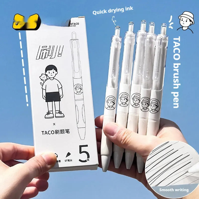 Five white plastic ballpoint pens with 0.5mm black refills for student writing