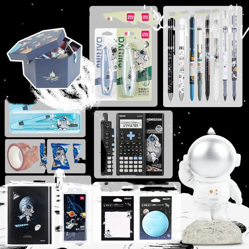 Galaxy exploration stationery gift box with astronaut notebook and hand ledger showing hot stamping and 3D pattern
