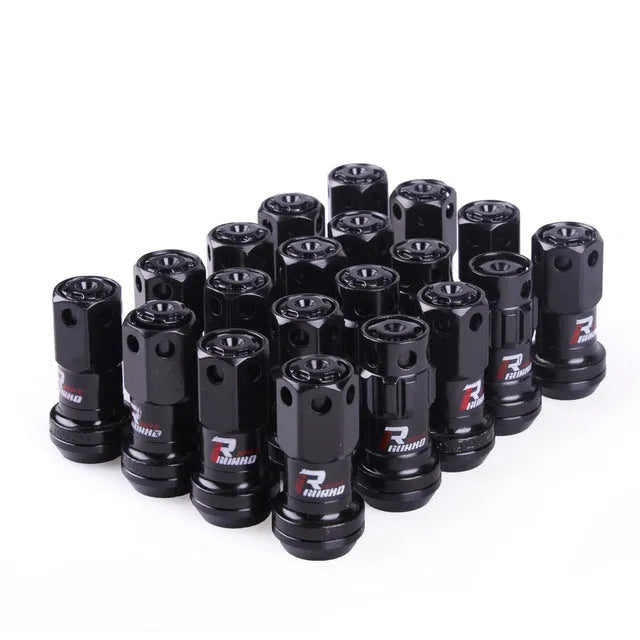 Set of aluminium alloy wheel hub nuts in multiple colour options including black, red, gold, blue, and purple finishes