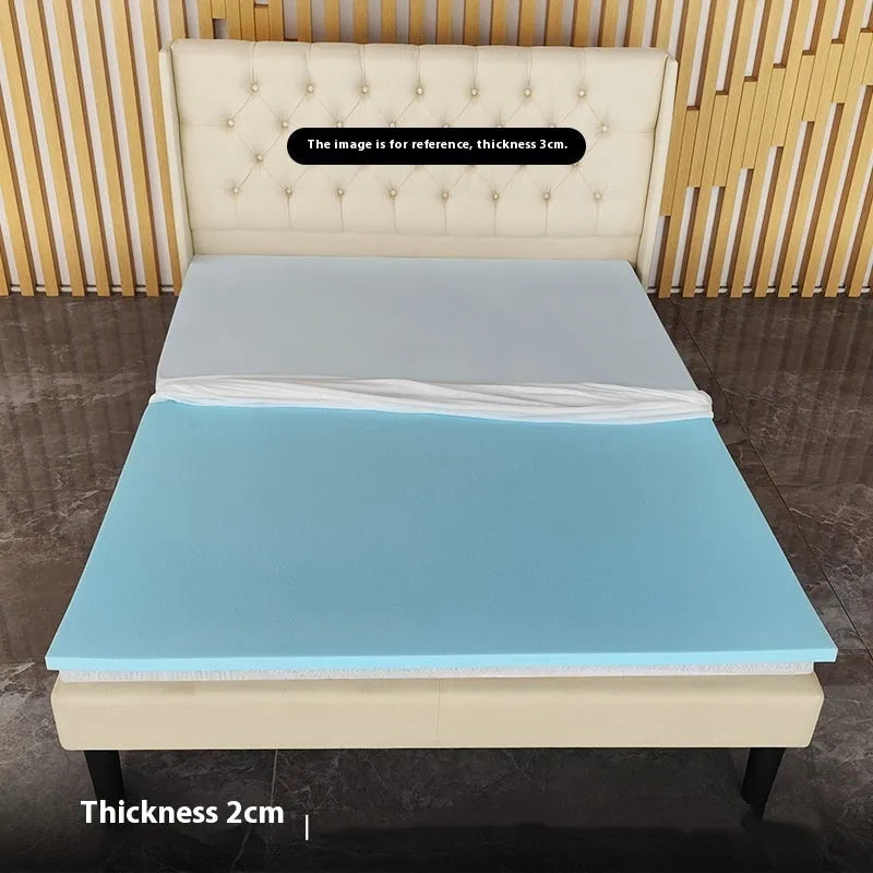 Thin gel memory cotton mattress on a tatami mat, showing 2cm, 3cm, and 5cm thickness options.