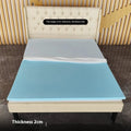 Thin gel memory cotton mattress on a tatami mat, showing 2cm, 3cm, and 5cm thickness options.
