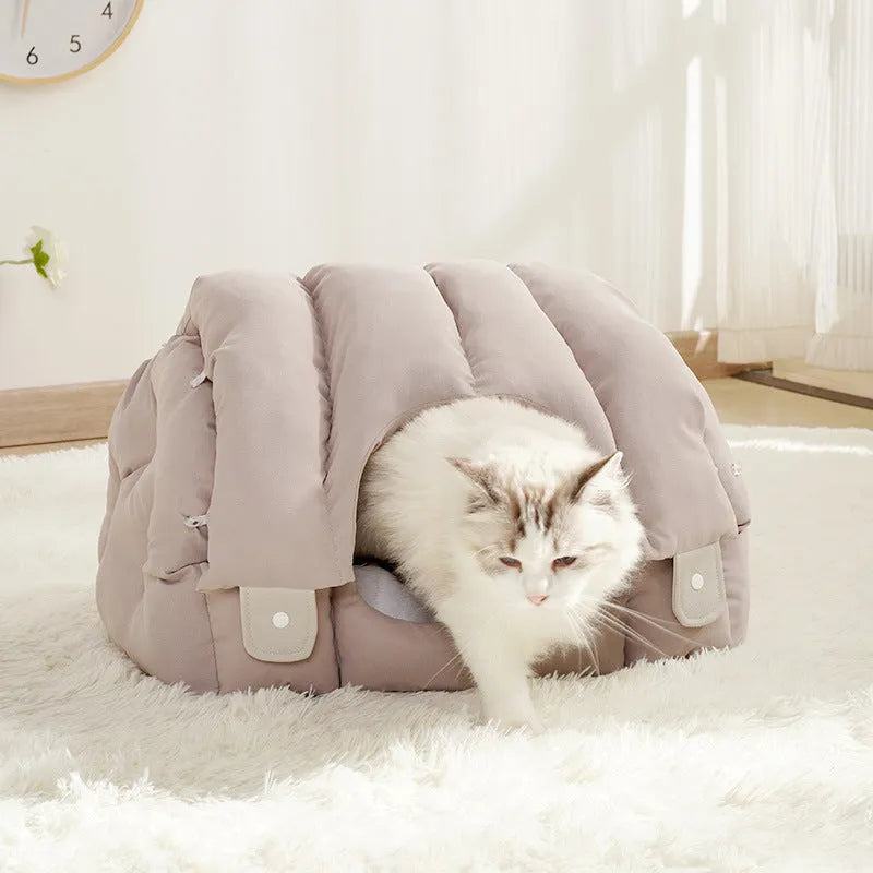 Grey arched cat nest functioning as enclosed pet bed and open sofa for cats and small dogs