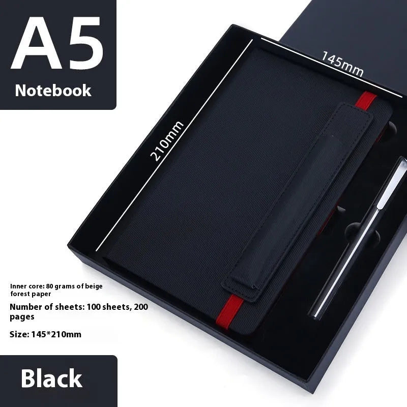 A5 faux leather notebook open with pen insert and strap, 200 pages, blue and black options