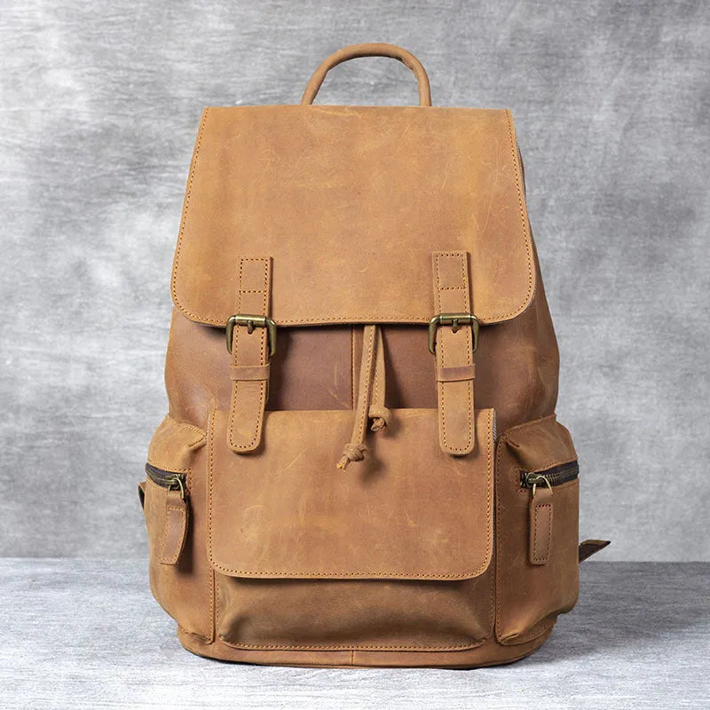 Brown retro crazy horse leather backpack with double shoulder straps and denim lining