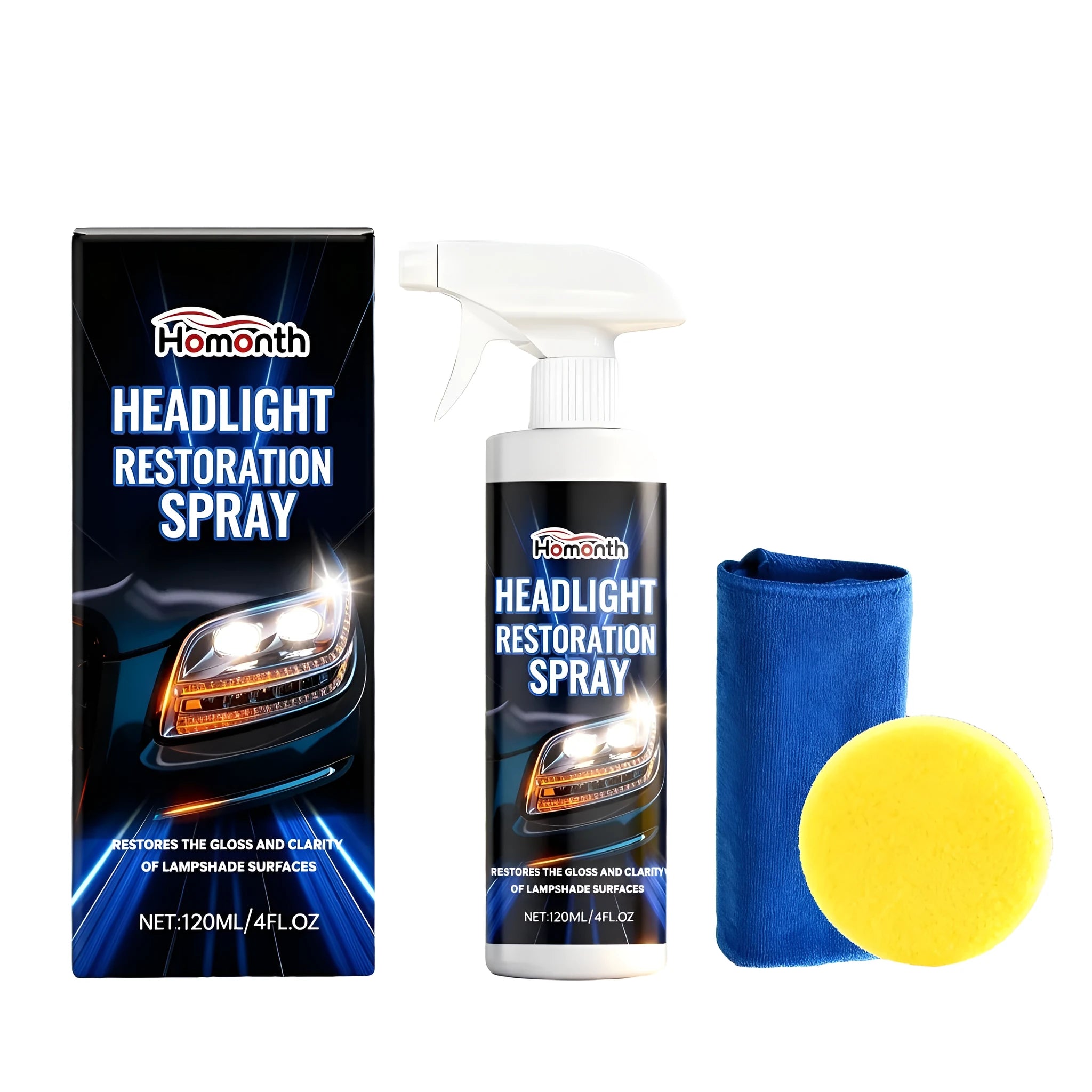 HOMONTH 120ml headlight restoration spray bottle, sponge, and microfiber towel kit.