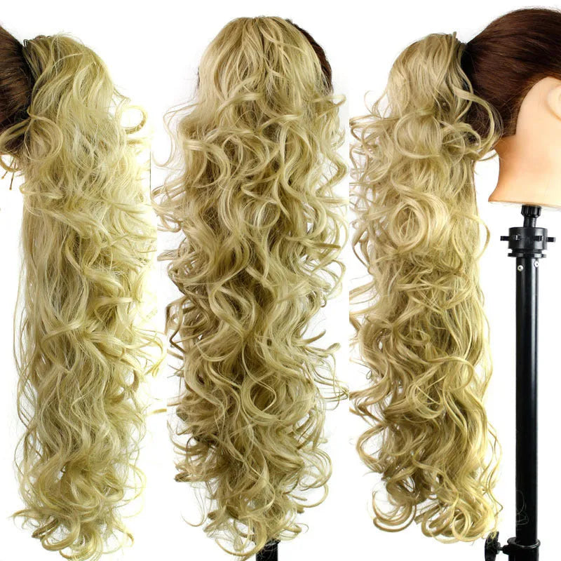 Chemical fiber ponytail extension with wavy long curly texture and grab clip, 65cm length, available in 12 colours