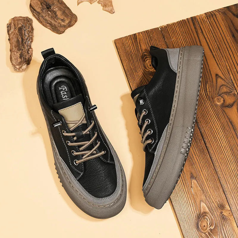 British round toe men's leather shoes in black and khaki with microfiber upper and lace-up front