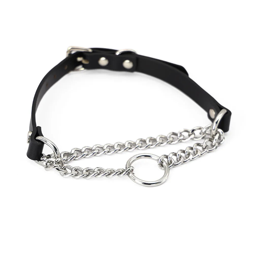 Black leather collar and hand grip rope leash punk accessory set
