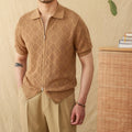 Men's light brown cotton zip-up cardigan with short sleeves and a lapel collar.