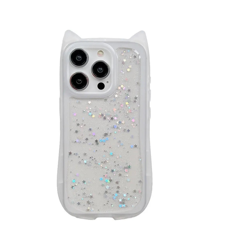 Three-dimensional cat ears epoxy glitter phone case for Apple iPhone in pink colour