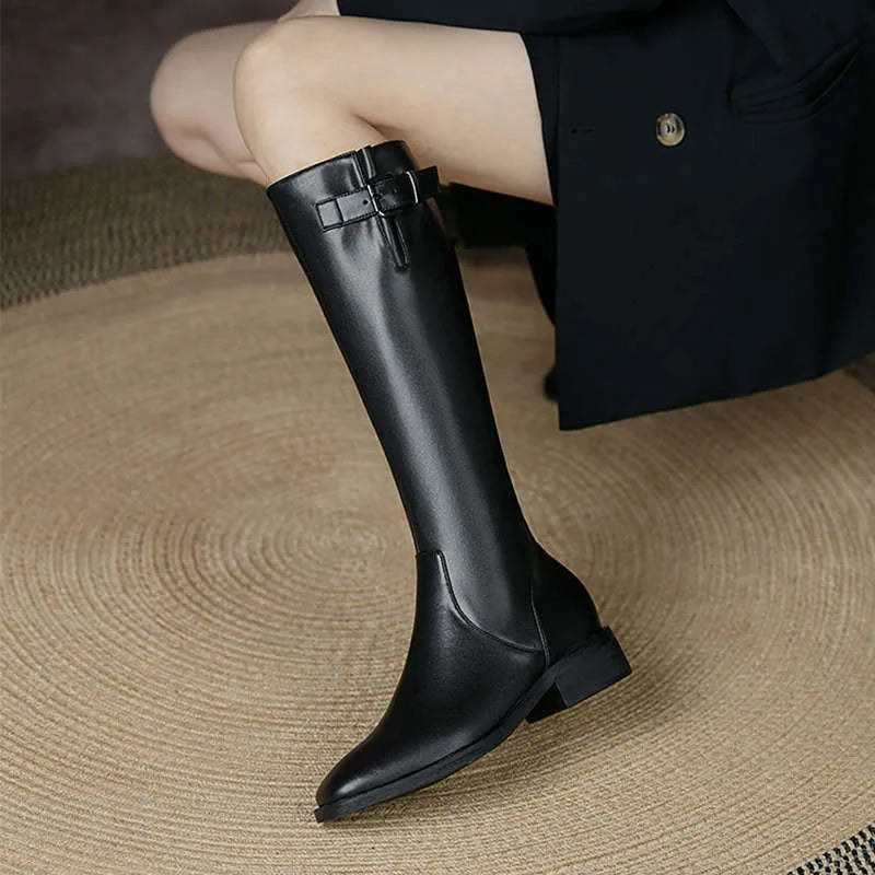 Women's knee-high boots with low chunky heel, microfiber upper, black or brown, sizes 35-40